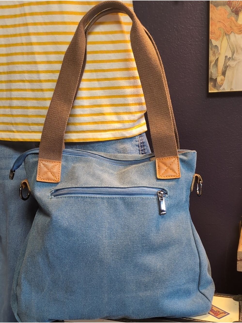Canvas Tote Bag with Front Side Zip Pockets - Denim Blue - Picture 6 of 11